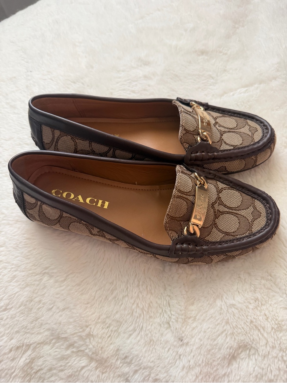 Coach Brown Signature Canvas Loafers with Gold Chain Accent - Picture 2 of 5